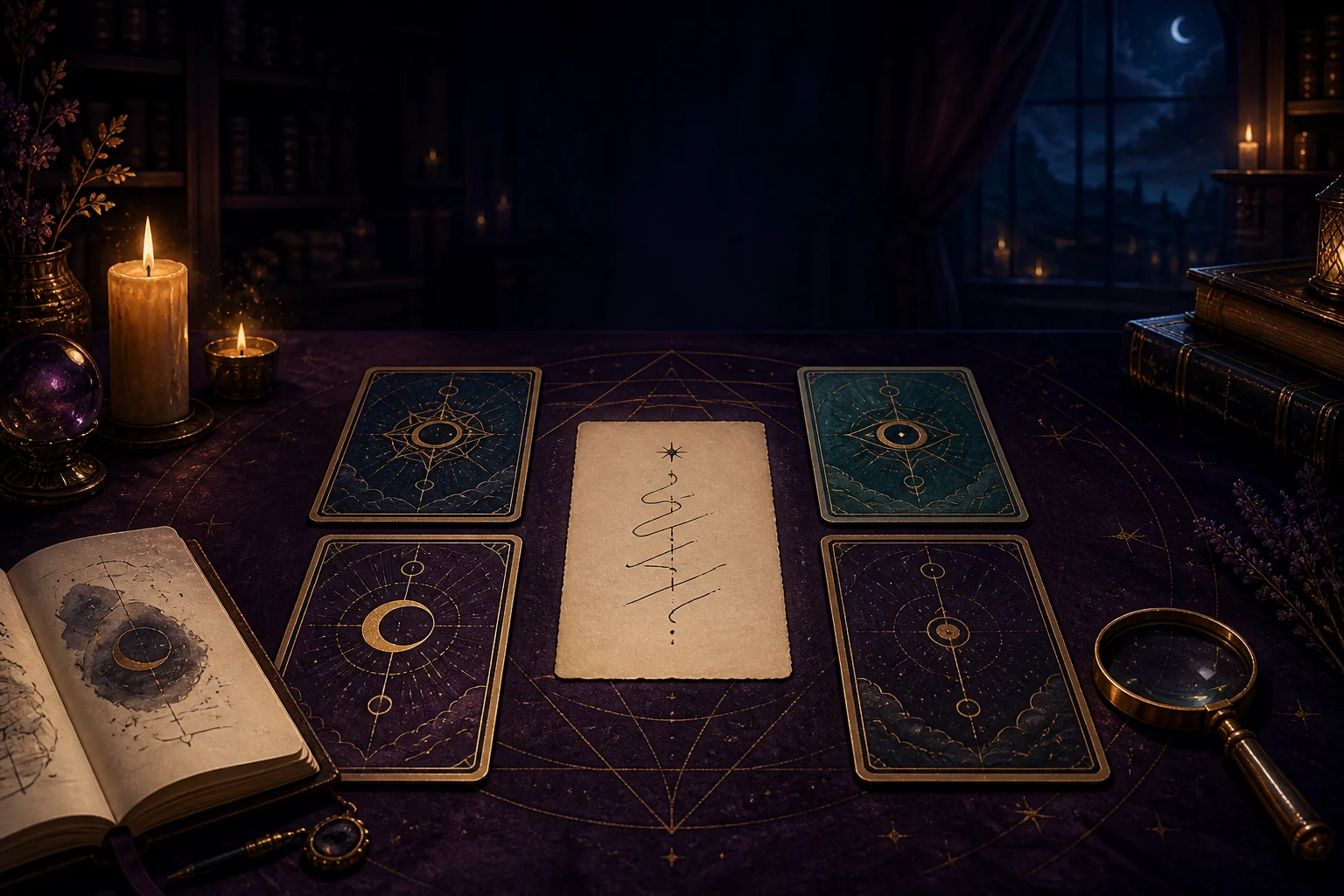 Mesa de estudo noturna com uma interpretação no centro e quatro cartas viradas como respostas possíveis
