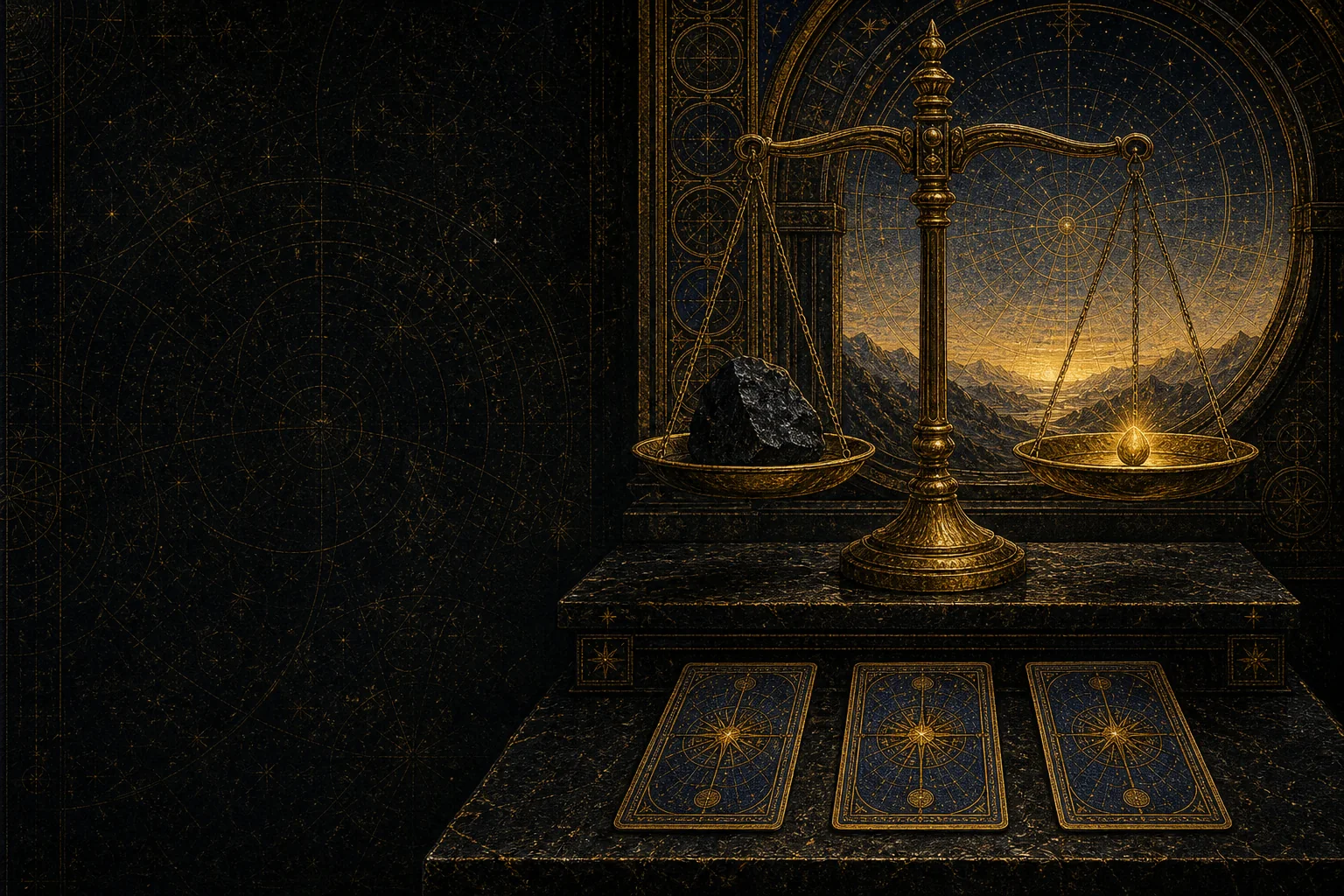 Uma balança dourada com uma pedra e uma semente ao lado de três cartas de tarô originais