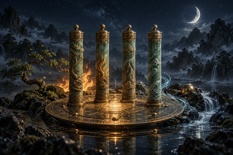Quatro pilares de jade e bronze cercados pelos cinco elementos sob um céu estrelado