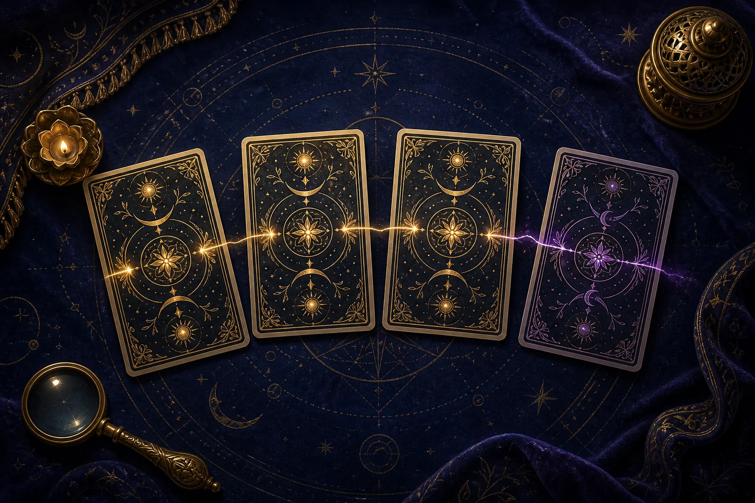 Quatro cartas fechadas sobre veludo azul; três estão unidas por um fio dourado e uma se afasta em violeta