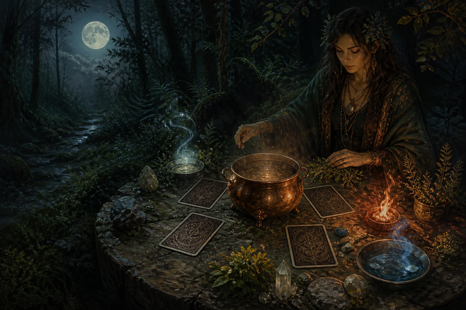 Um círculo de bruxa com quatro cartas originais, ervas e um caldeirão ao luar