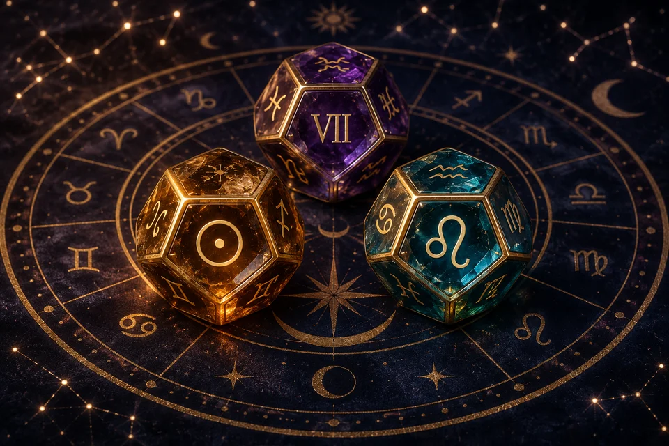 Três dados astrológicos de cristal âmbar, turquesa e violeta sobre uma roda celeste