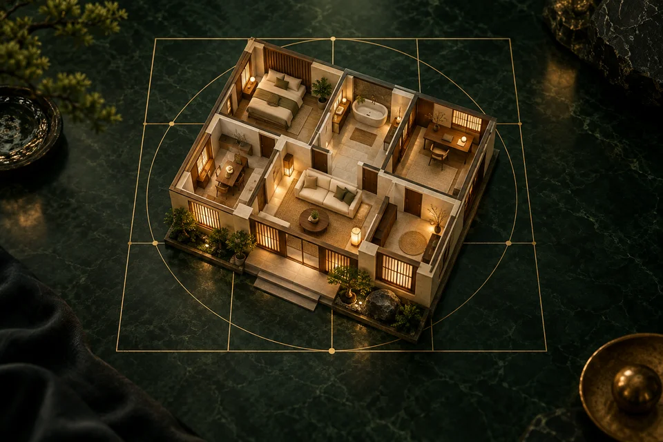 Maquete de uma casa acolhedora sobre linhas douradas de uma planta, com fundo verde-jade