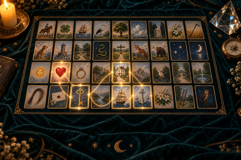 Cartas Lenormand sobre veludo verde, conectadas por fios de luz