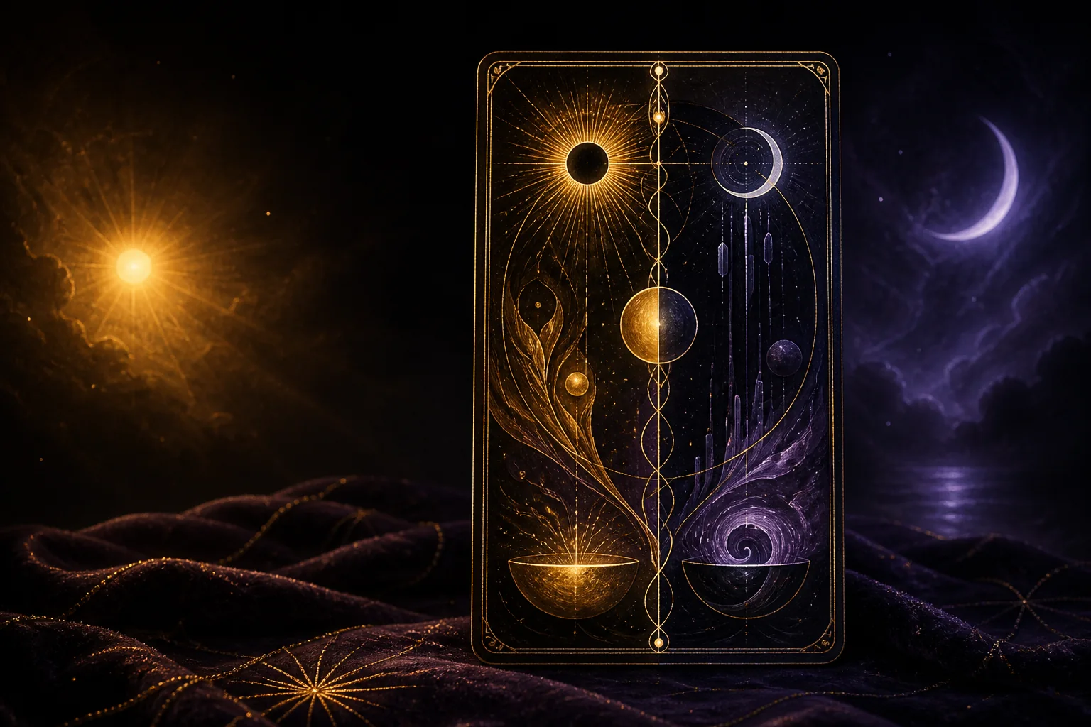 Uma carta simbólica original iluminada por um sol dourado e uma lua violeta sobre veludo escuro