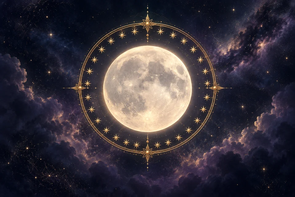 Lua luminosa cercada por um anel dourado de estrelas em um céu índigo