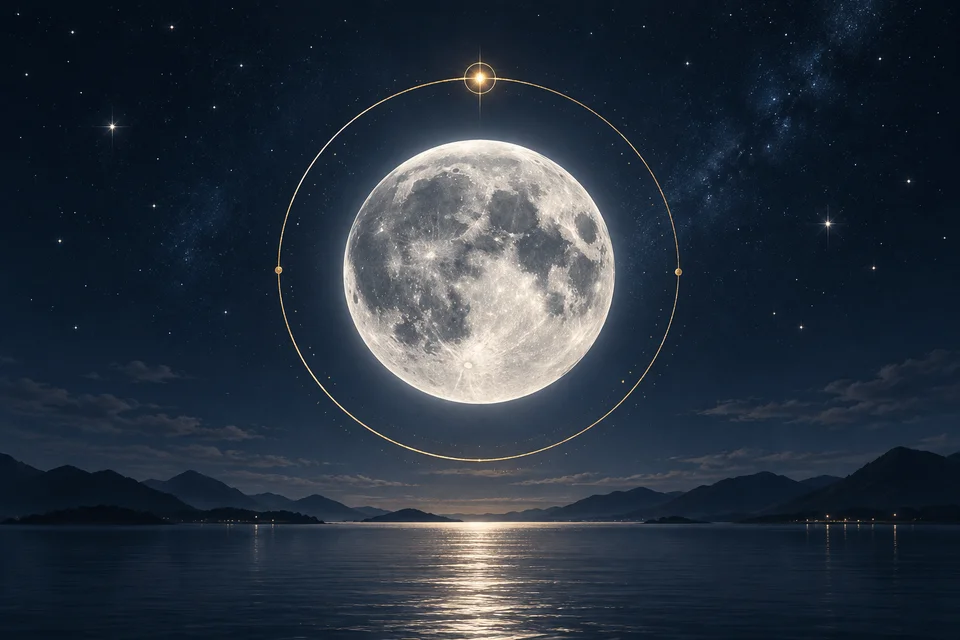 Uma Lua prateada em sua órbita dourada sobre um horizonte noturno