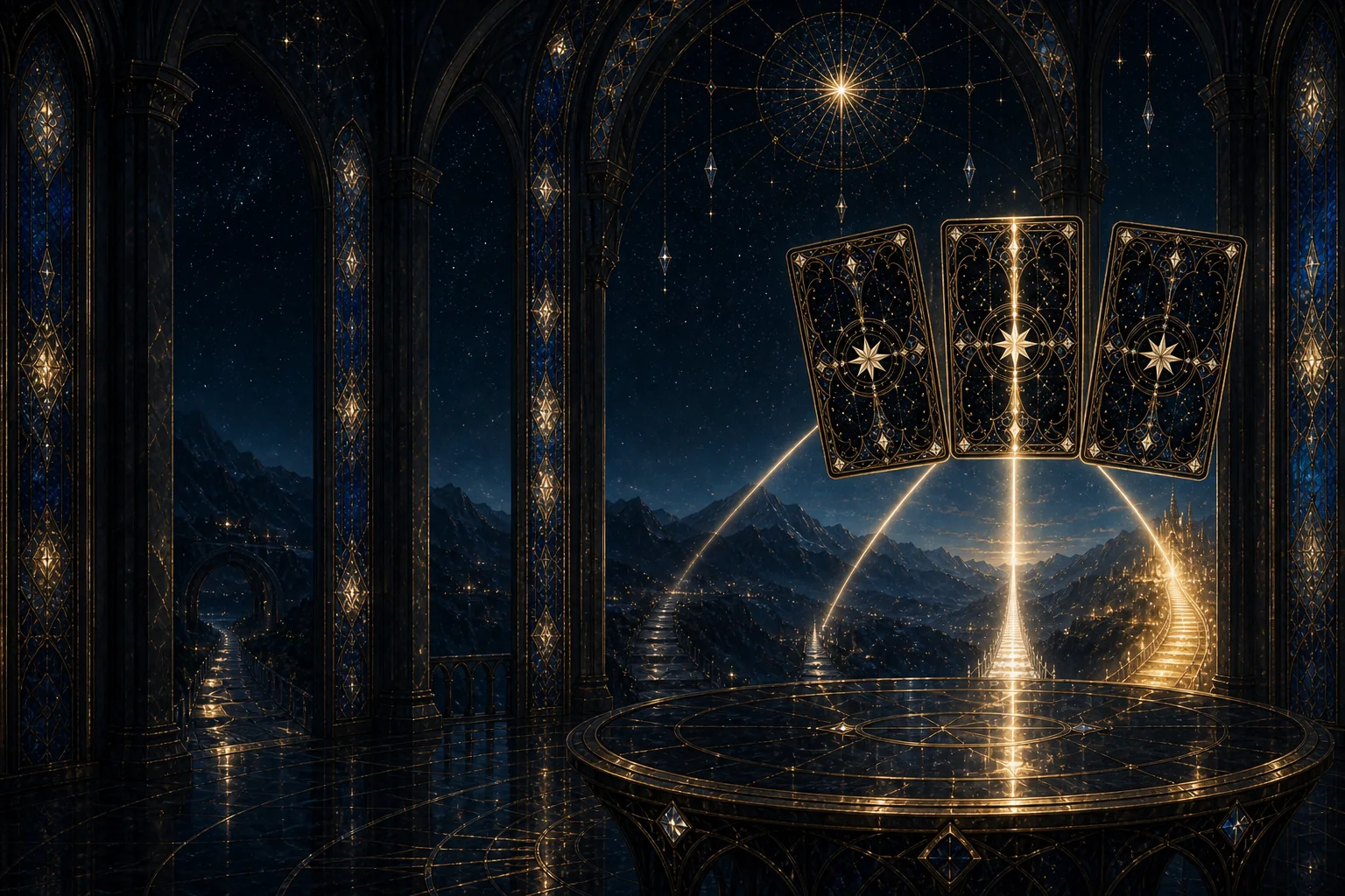 Três cartas de tarô originais iluminadas em uma galeria de pedra sob um céu estrelado