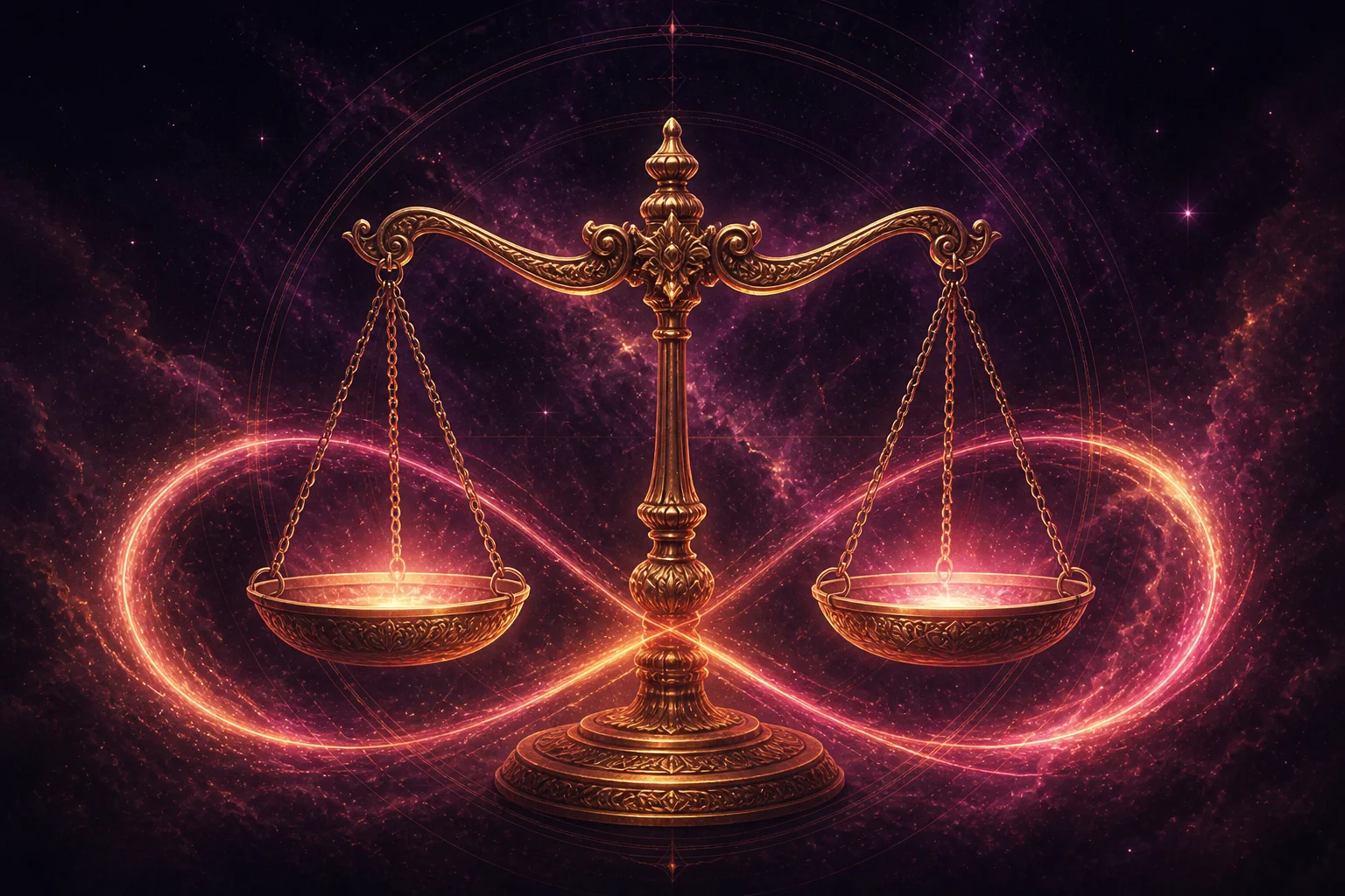 Libra no amor, envolvido por energia cósmica dourada e rosa