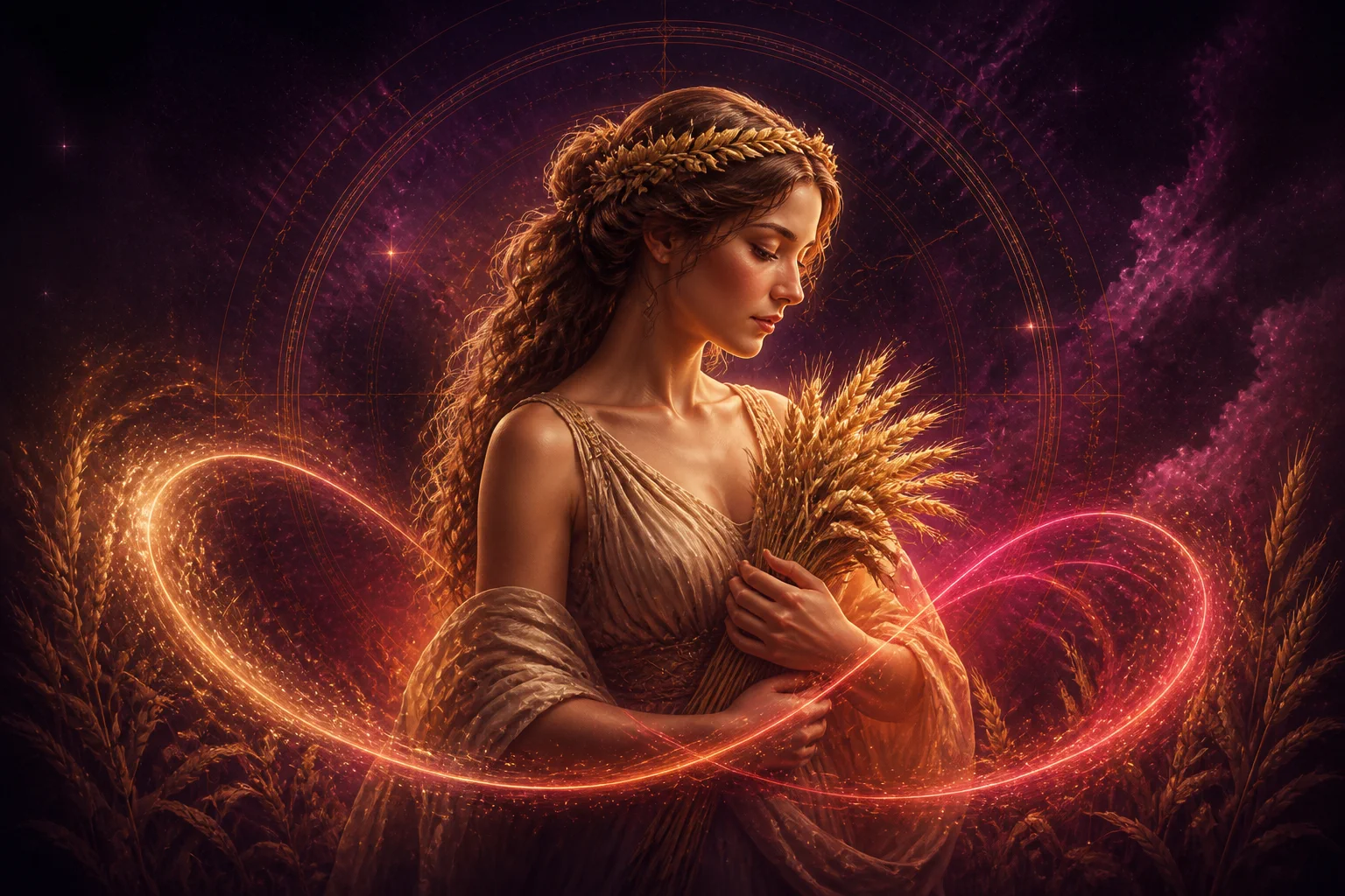 Virgem no amor, envolvido por energia cósmica dourada e rosa