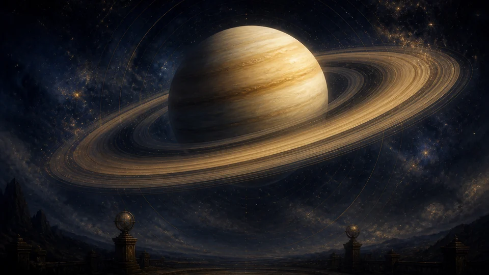 Saturno sobre um observatório sob um céu estrelado