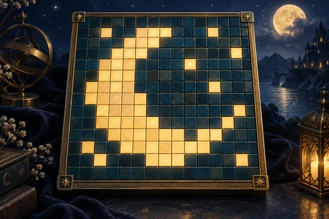 Lua de casas douradas em um tabuleiro de mosaico azul