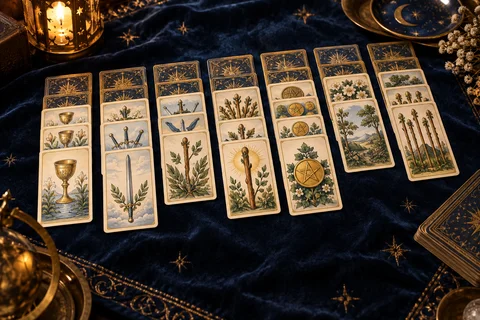 Cartas de tarô em colunas de paciência sobre um tapete azul
